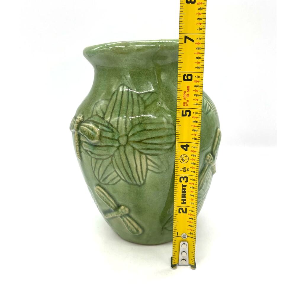 Four Corner Green Ceramic Dragonfly & Flowers Embossed Vase 6.75" - Picture 4 of 5